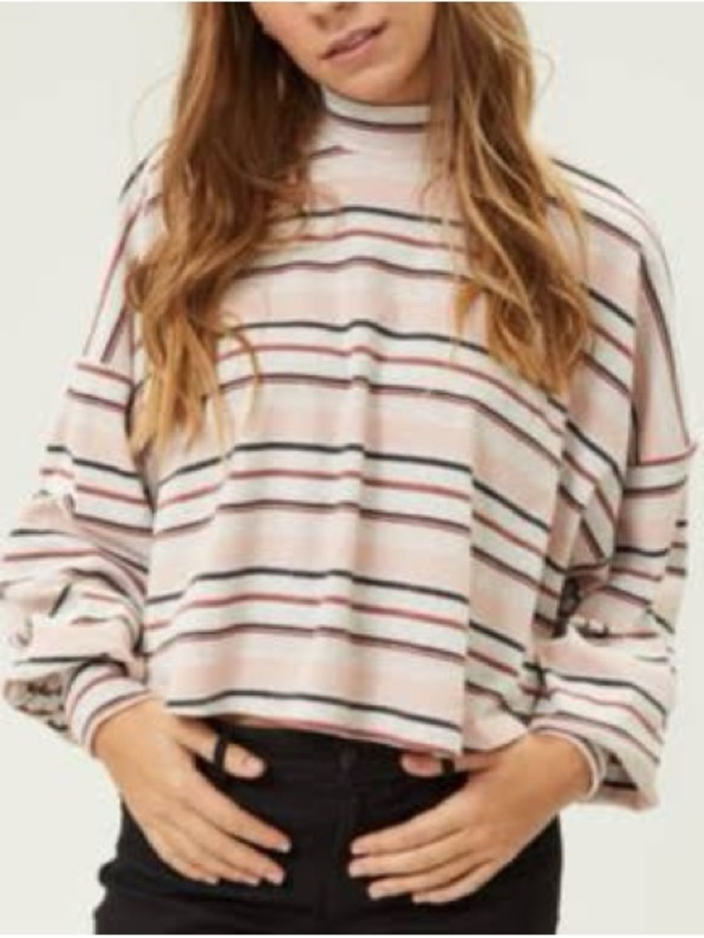 Free People Pink Cream Striped Cropped Turtleneck top